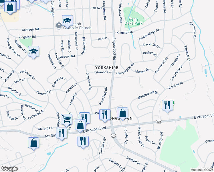 map of restaurants, bars, coffee shops, grocery stores, and more near 3140 Round Hill Road in East York