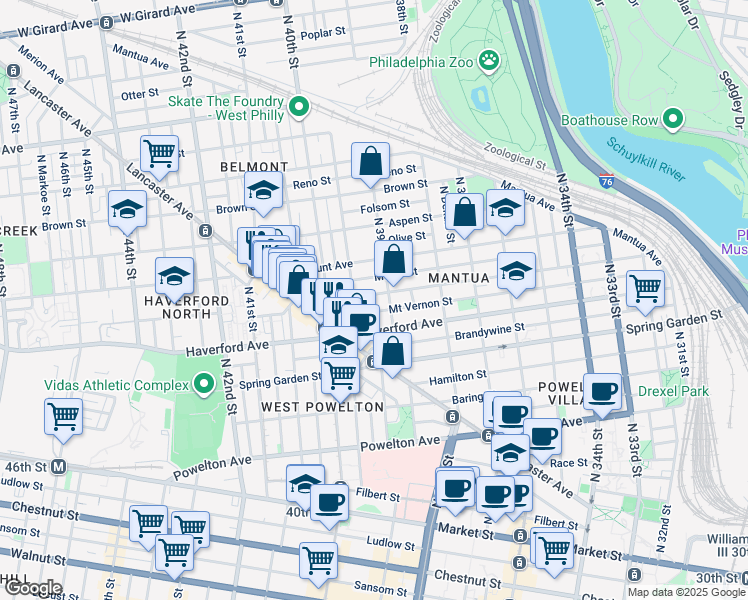 map of restaurants, bars, coffee shops, grocery stores, and more near 3914 Wallace Street in Philadelphia