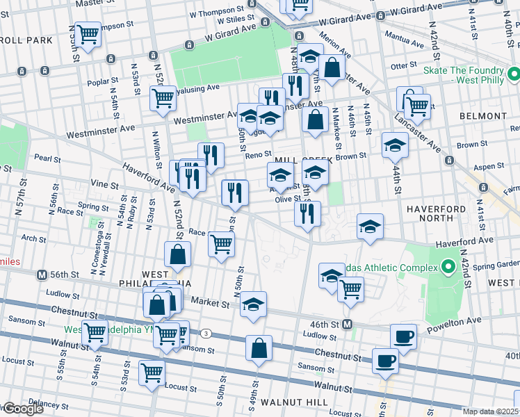 map of restaurants, bars, coffee shops, grocery stores, and more near 4941 Fairmount Avenue in Philadelphia