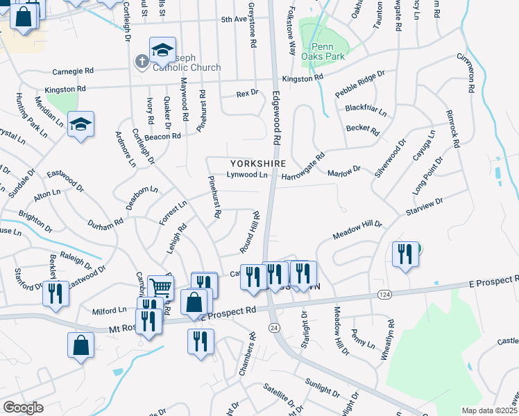 map of restaurants, bars, coffee shops, grocery stores, and more near 3140 Round Hill Road in East York