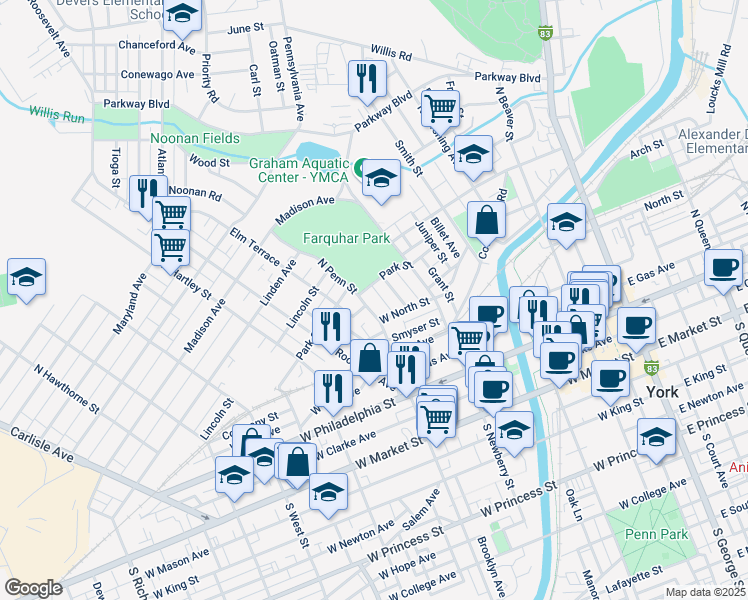 map of restaurants, bars, coffee shops, grocery stores, and more near 414 Park Street in York