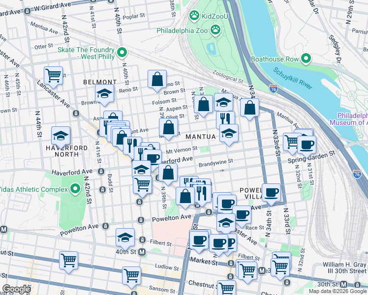 map of restaurants, bars, coffee shops, grocery stores, and more near 3824 Mount Vernon Street in Philadelphia