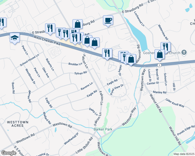 map of restaurants, bars, coffee shops, grocery stores, and more near 3205 Valley Drive in West Chester