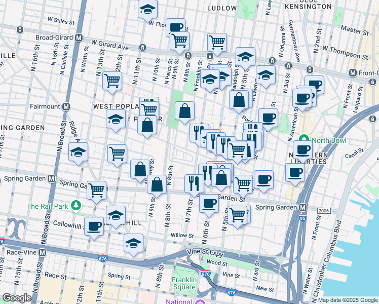 map of restaurants, bars, coffee shops, grocery stores, and more near 705-09 Franklin Place in Philadelphia