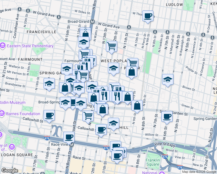 map of restaurants, bars, coffee shops, grocery stores, and more near 1204 Wallace Street in Philadelphia
