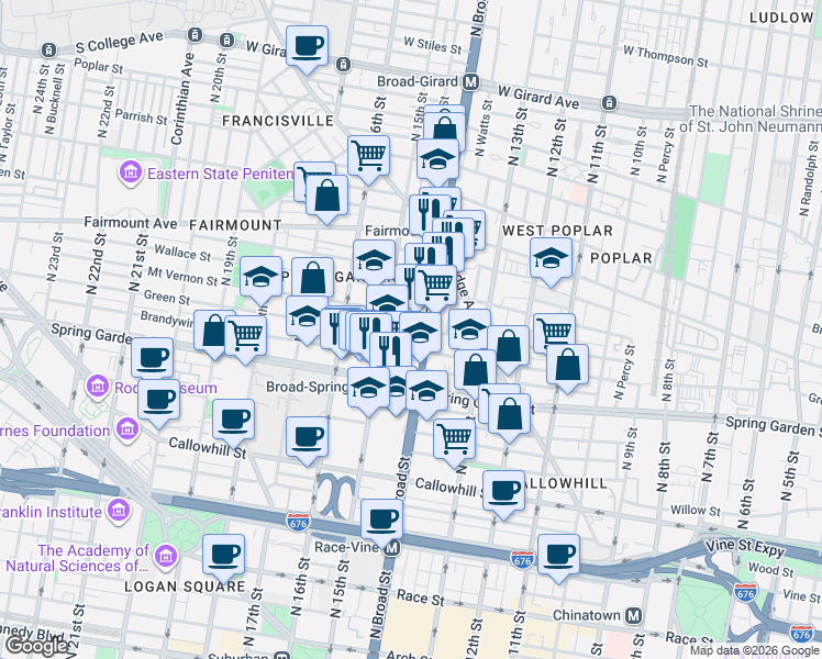 map of restaurants, bars, coffee shops, grocery stores, and more near 1424 Mount Vernon Street in Philadelphia