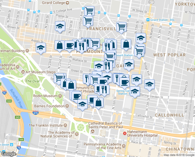 map of restaurants, bars, coffee shops, grocery stores, and more near 1806 Green Street in Philadelphia