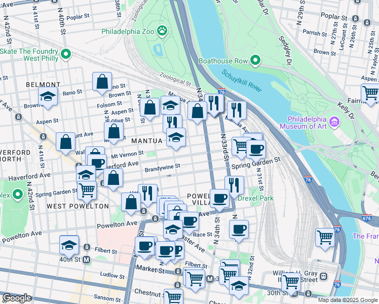 map of restaurants, bars, coffee shops, grocery stores, and more near 622 North 35th Street in Philadelphia