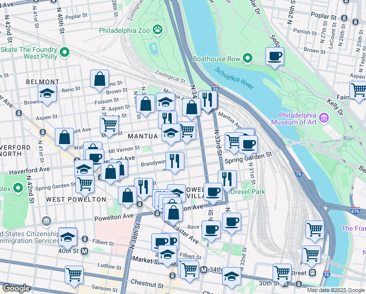 map of restaurants, bars, coffee shops, grocery stores, and more near in Philadelphia