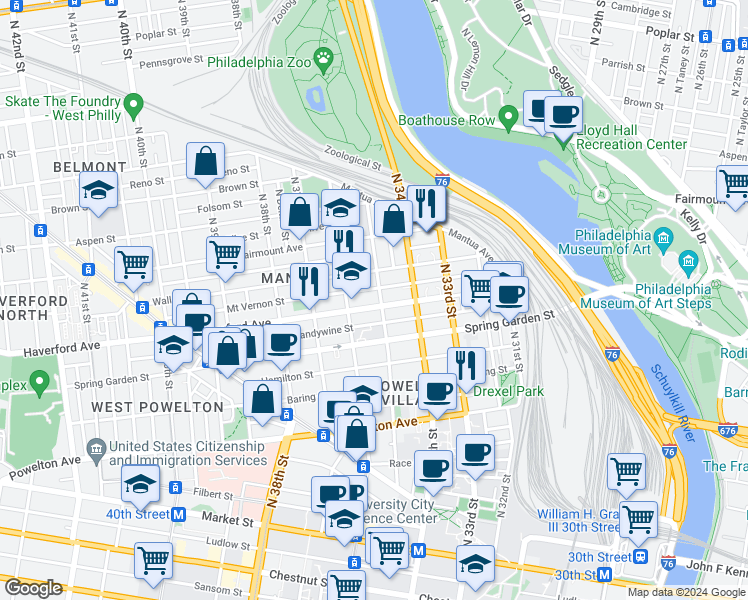 map of restaurants, bars, coffee shops, grocery stores, and more near in Philadelphia