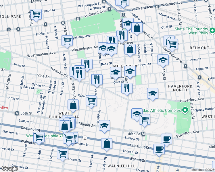 map of restaurants, bars, coffee shops, grocery stores, and more near 4939 Fairmount Avenue in Philadelphia