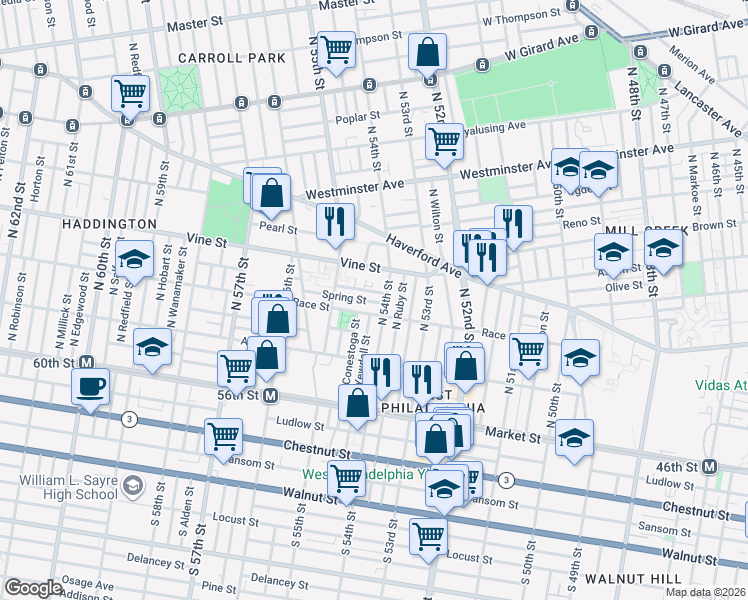 map of restaurants, bars, coffee shops, grocery stores, and more near 224 North 54th Street in Philadelphia