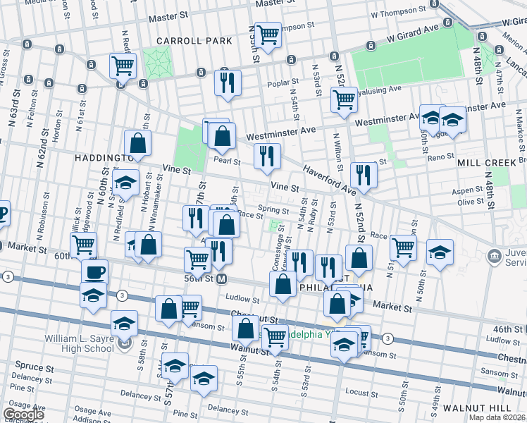 map of restaurants, bars, coffee shops, grocery stores, and more near 5527 Spring Street in Philadelphia