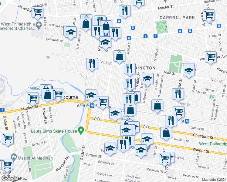 map of restaurants, bars, coffee shops, grocery stores, and more near 122 North Dewey Street in Philadelphia