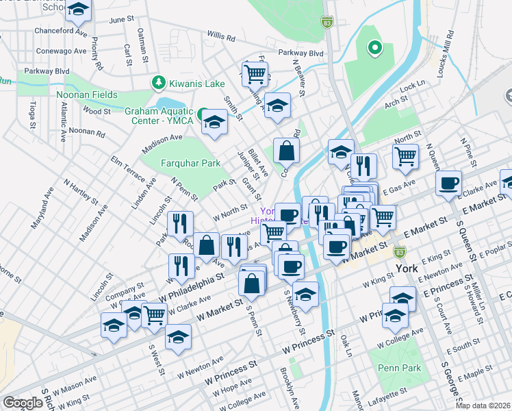 map of restaurants, bars, coffee shops, grocery stores, and more near 309 North Newberry Street in York