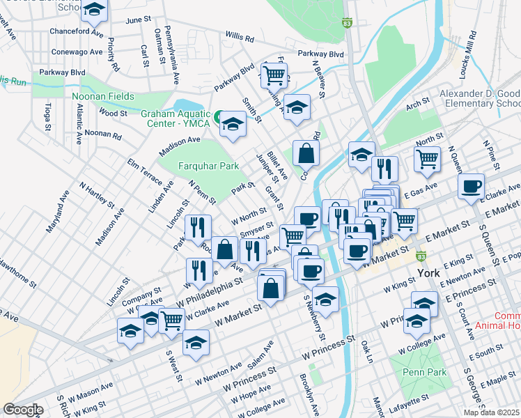 map of restaurants, bars, coffee shops, grocery stores, and more near 309 North Newberry Street in York
