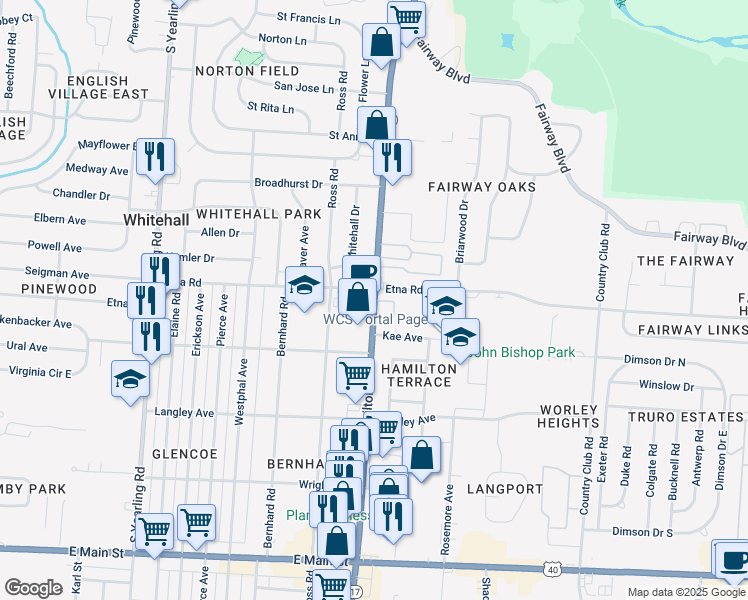 map of restaurants, bars, coffee shops, grocery stores, and more near 555 South Hamilton Road in Columbus