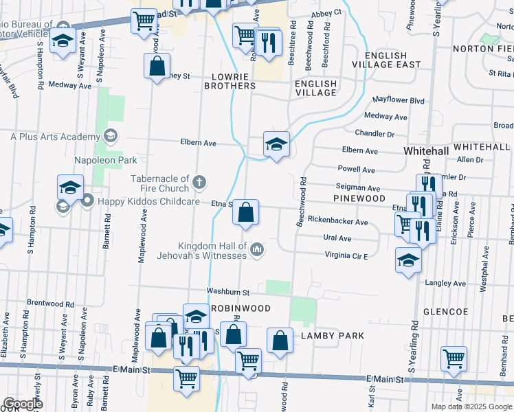 map of restaurants, bars, coffee shops, grocery stores, and more near 3850 Etna Street in Columbus