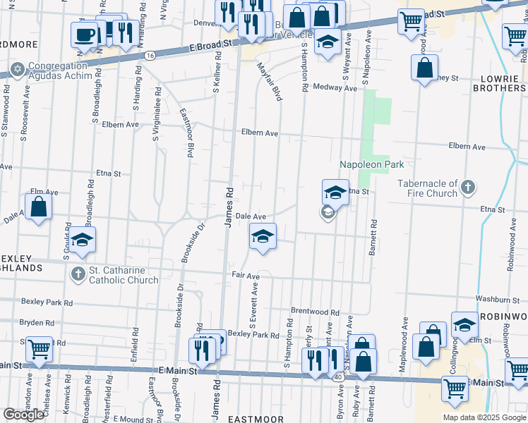 map of restaurants, bars, coffee shops, grocery stores, and more near 352 South Ashburton Road in Columbus