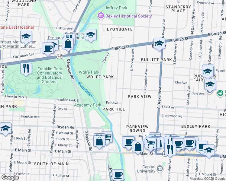 map of restaurants, bars, coffee shops, grocery stores, and more near 185 Preston Road in Columbus