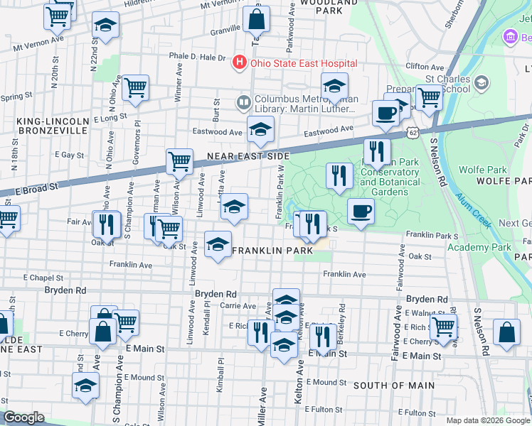 map of restaurants, bars, coffee shops, grocery stores, and more near in Columbus