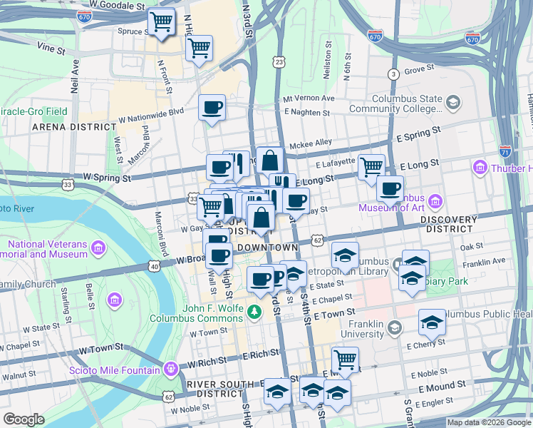 map of restaurants, bars, coffee shops, grocery stores, and more near 112 East Gay Street in Columbus