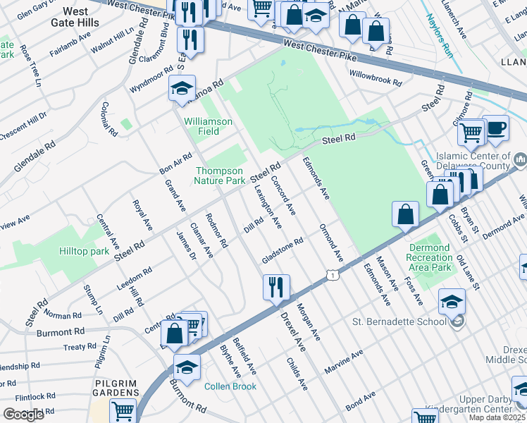 map of restaurants, bars, coffee shops, grocery stores, and more near 200 Lexington Avenue in Havertown