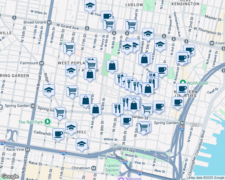 map of restaurants, bars, coffee shops, grocery stores, and more near 737 Melon Place in Philadelphia