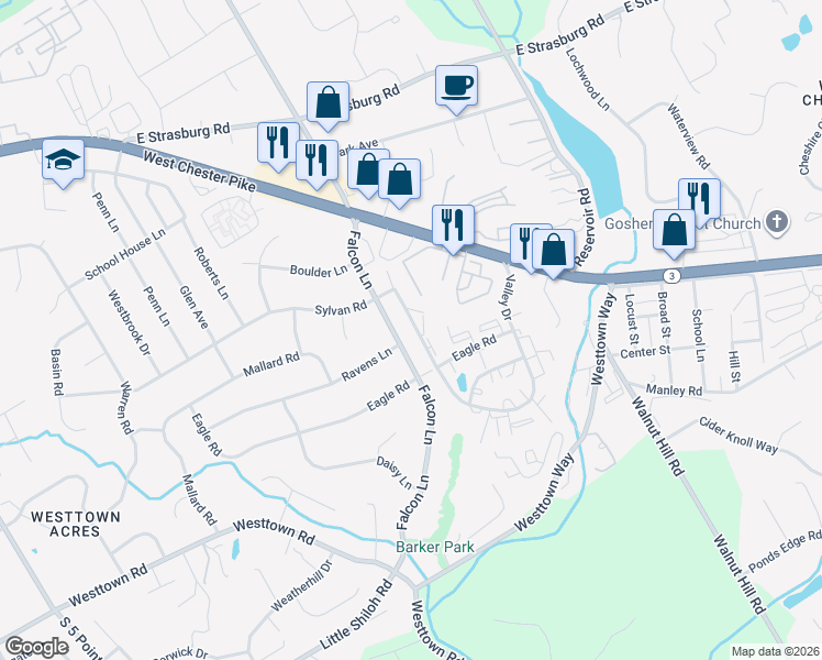 map of restaurants, bars, coffee shops, grocery stores, and more near 3224 Valley Drive in West Chester