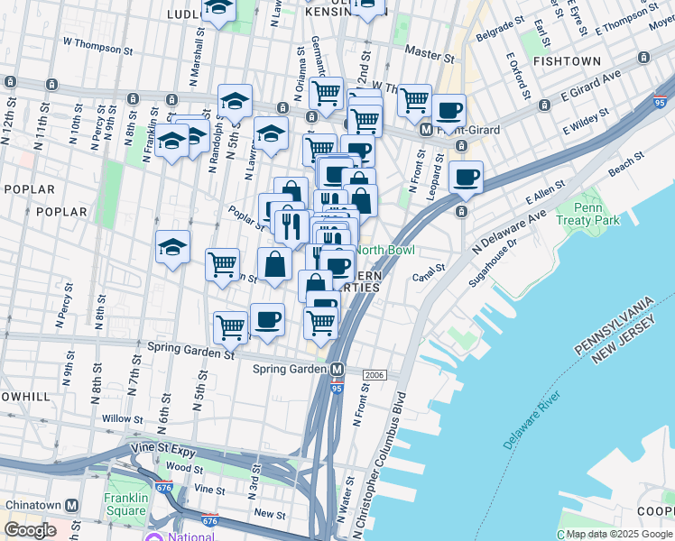 map of restaurants, bars, coffee shops, grocery stores, and more near 173 Poplar Street in Philadelphia