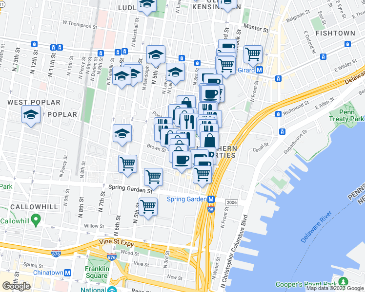 map of restaurants, bars, coffee shops, grocery stores, and more near 826-28 North 3rd Street in Philadelphia