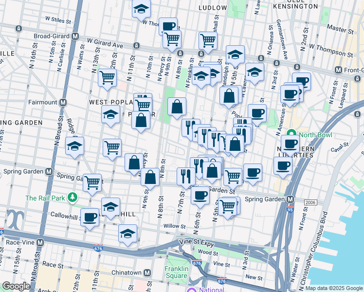 map of restaurants, bars, coffee shops, grocery stores, and more near 721 Melon Place in Philadelphia