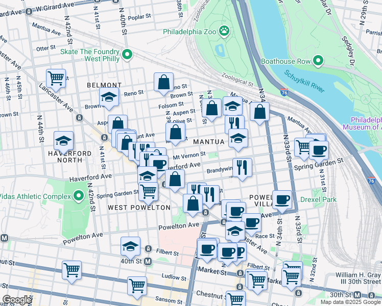 map of restaurants, bars, coffee shops, grocery stores, and more near 3821 Mount Vernon Street in Philadelphia