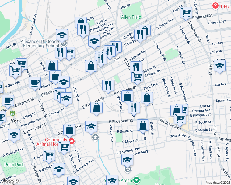 map of restaurants, bars, coffee shops, grocery stores, and more near 641 East Princess Street in York