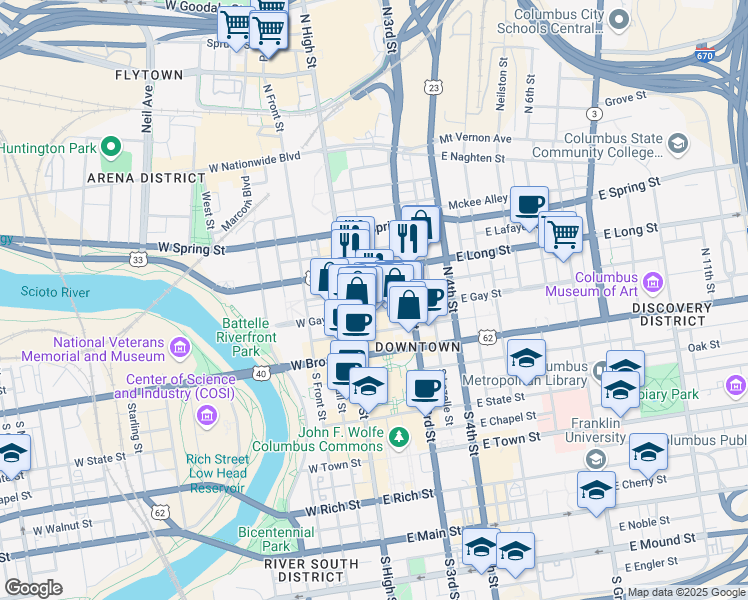 map of restaurants, bars, coffee shops, grocery stores, and more near 36 East Gay Street in Columbus