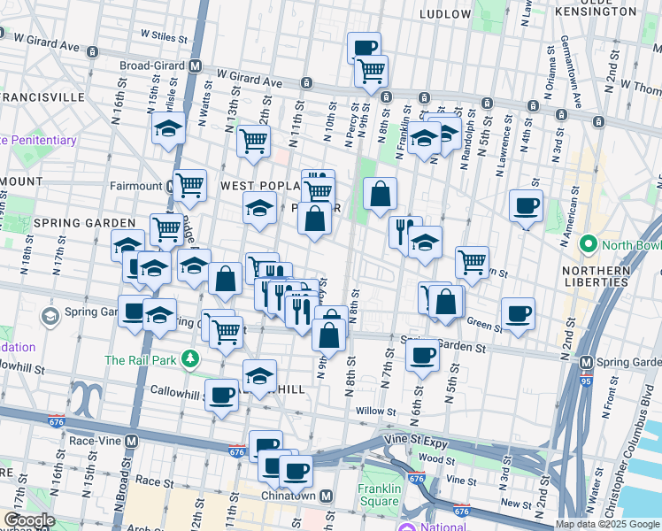 map of restaurants, bars, coffee shops, grocery stores, and more near 910-20 Fairmount Avenue in Philadelphia