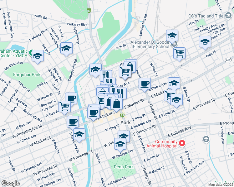 map of restaurants, bars, coffee shops, grocery stores, and more near 105 North George Street in York