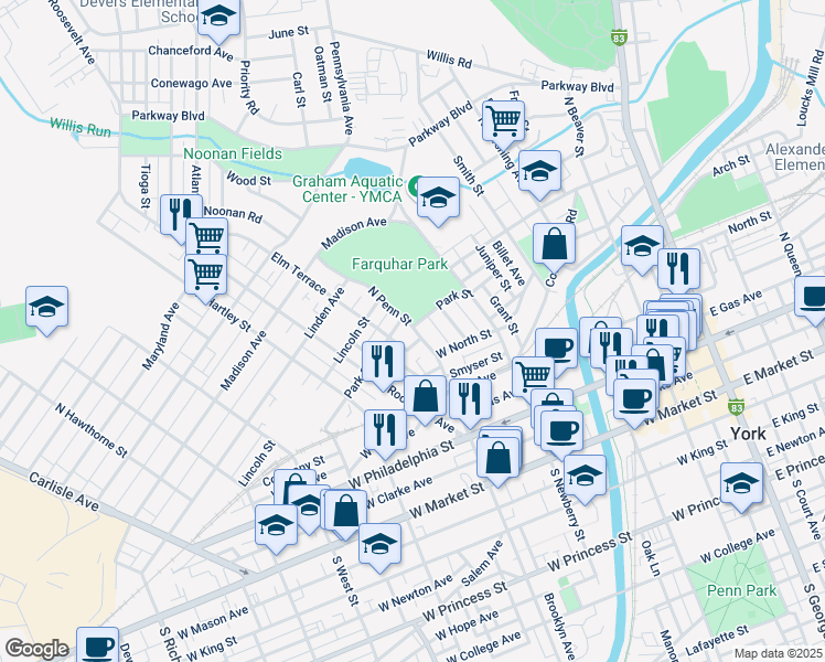 map of restaurants, bars, coffee shops, grocery stores, and more near 414 Park Street in York