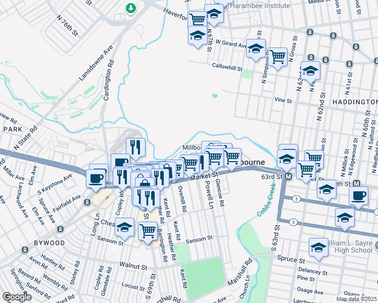 map of restaurants, bars, coffee shops, grocery stores, and more near 54 Marion Court in Millbourne