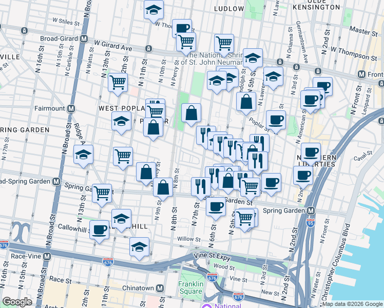 map of restaurants, bars, coffee shops, grocery stores, and more near 737 Melon Terrace in Philadelphia