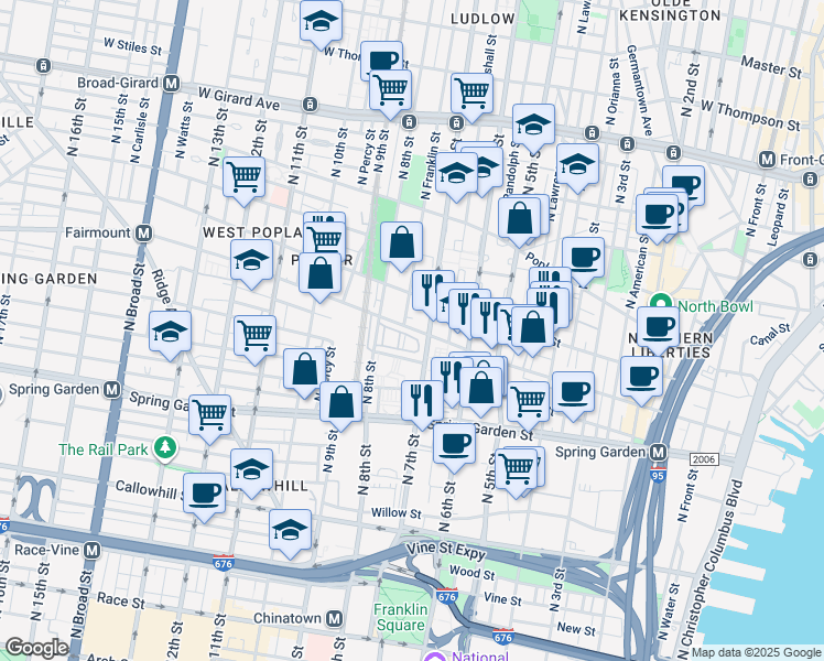 map of restaurants, bars, coffee shops, grocery stores, and more near 723 Melon Place in Philadelphia