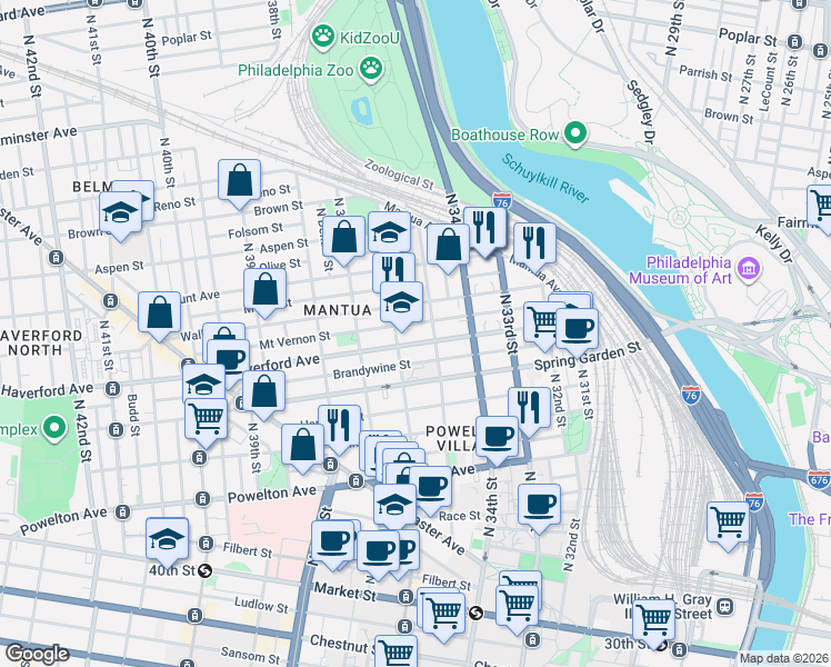 map of restaurants, bars, coffee shops, grocery stores, and more near in Philadelphia