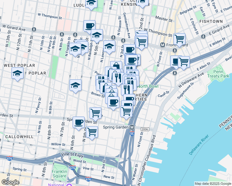 map of restaurants, bars, coffee shops, grocery stores, and more near 843 North 3rd Street in Philadelphia