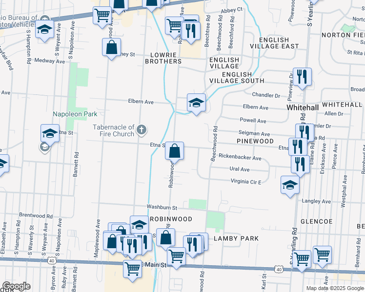 map of restaurants, bars, coffee shops, grocery stores, and more near 3850 Etna Street in Columbus