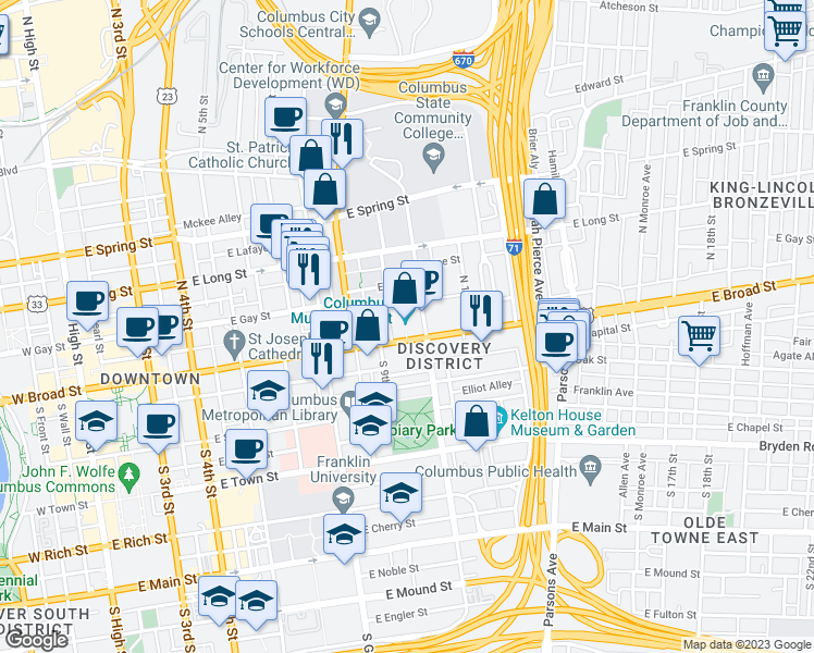 map of restaurants, bars, coffee shops, grocery stores, and more near 480 East Broad Street in Columbus