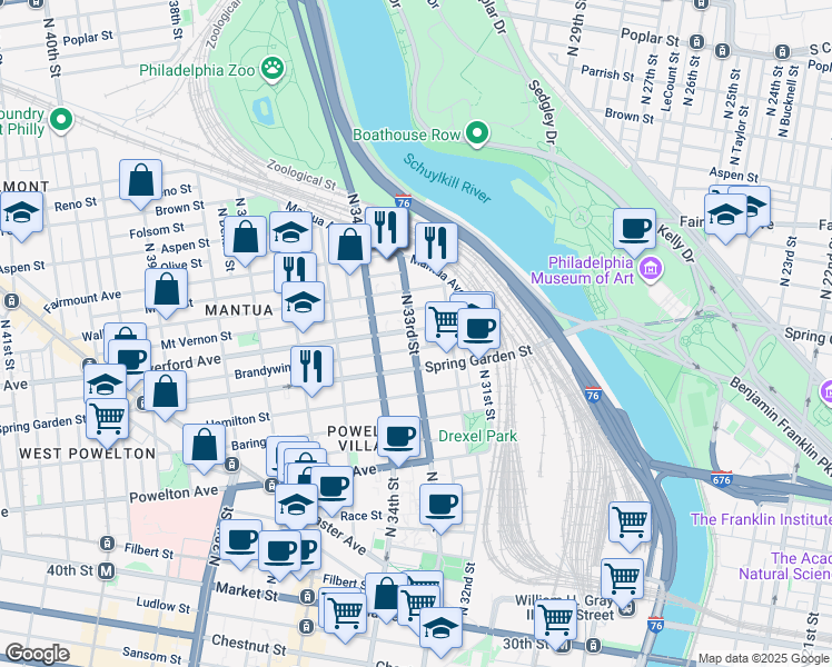 map of restaurants, bars, coffee shops, grocery stores, and more near 539 North 33rd Street in Philadelphia