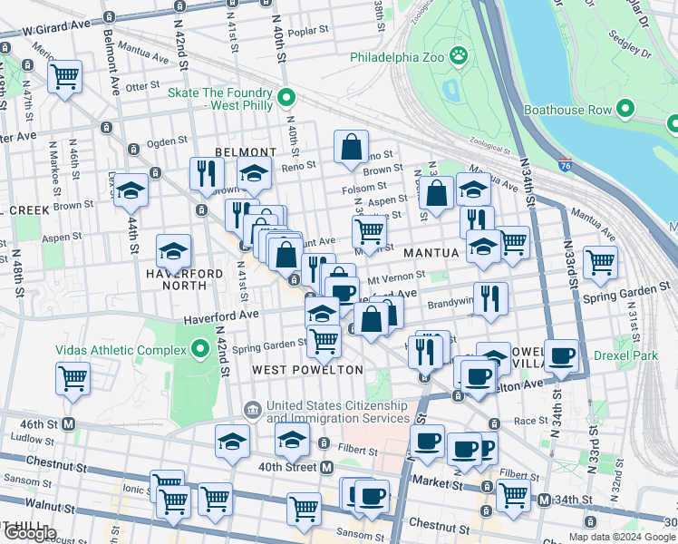 map of restaurants, bars, coffee shops, grocery stores, and more near 3940 Wallace Street in Philadelphia