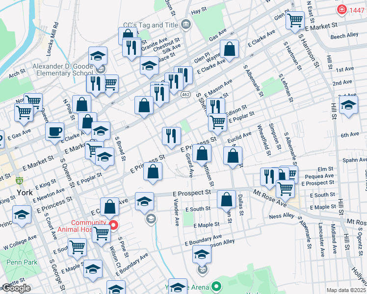 map of restaurants, bars, coffee shops, grocery stores, and more near 641 East Princess Street in York