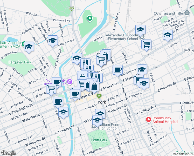 map of restaurants, bars, coffee shops, grocery stores, and more near 15 East Philadelphia Street in York