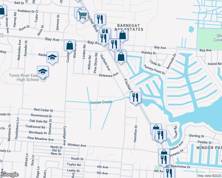 map of restaurants, bars, coffee shops, grocery stores, and more near 736 Garfield Avenue in Toms River